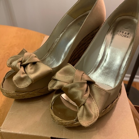 Stuart Weitzman Beige Satin Bow Wedge Espadrille Heels Shoes Bowton Size 6 π€π€ - Picture 4 of 16